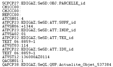 Extrait d'un fichier Edigeo décrivant la valeur des attributs d'une parcelle